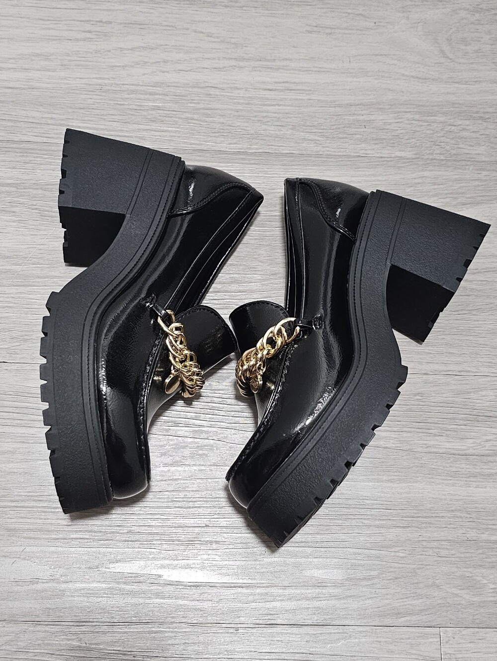 Soda Black Patent Chunky Heel Loafers with Gold Chain